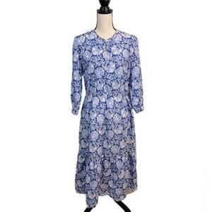 J. McLaughlin Blue Floral Silk and Cotton Tiered Midi Dress Size Large (no belt)